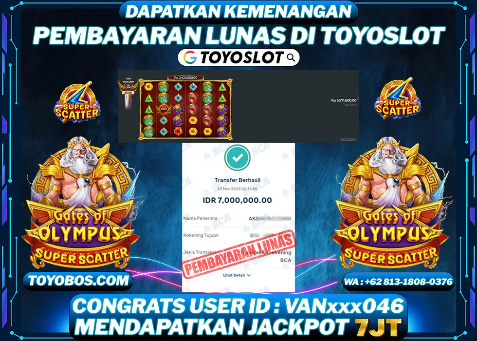 TOYOSLOT - BUKTI KEMENANGAN Gates of Olympus Super Scatter Rp7,000,000,- LUNAS